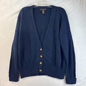 VTG Yarnworks Women's Navy Cable Knit V-Neck Brass Buttons Cardigan Large